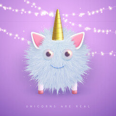 3D realistic  fluffy unicorn with golden horn isolated on violet background. Vector illustration