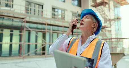 Construction worker, call or architect woman with tablet for networking, communication or planning in construction site. Logistics, industrial or employee with leadership for engineering strategy - Powered by Adobe