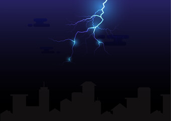 lightning and thunderstorm on blue light with cloud over the buildings in the night sky of city, blue illuminated path of thunder sparks light on background, climate change, creative design background