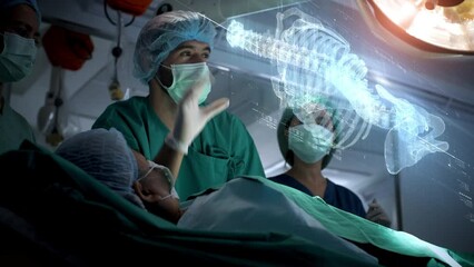 Futuristic biomedical concept of a doctor using advance holographic scanning a patient's backbone for spinal disc herniation diagnosis