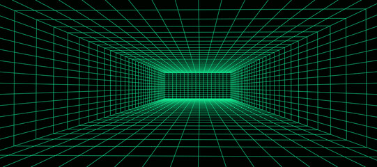 3d wireframe green room. Abstract perspective grid. Retro futuristic concept. Vector illustration.