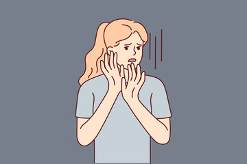 Scared young woman make hand gesture feeling terrified or frightened. Unhappy worried girl stressed show fear and astonishment. Vector illustration. 