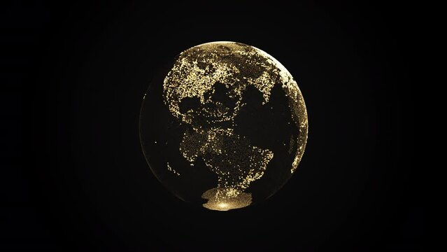 Animation of spinning golden globe of the Earth planet on dark background, 4K seamless loop earth globe animation