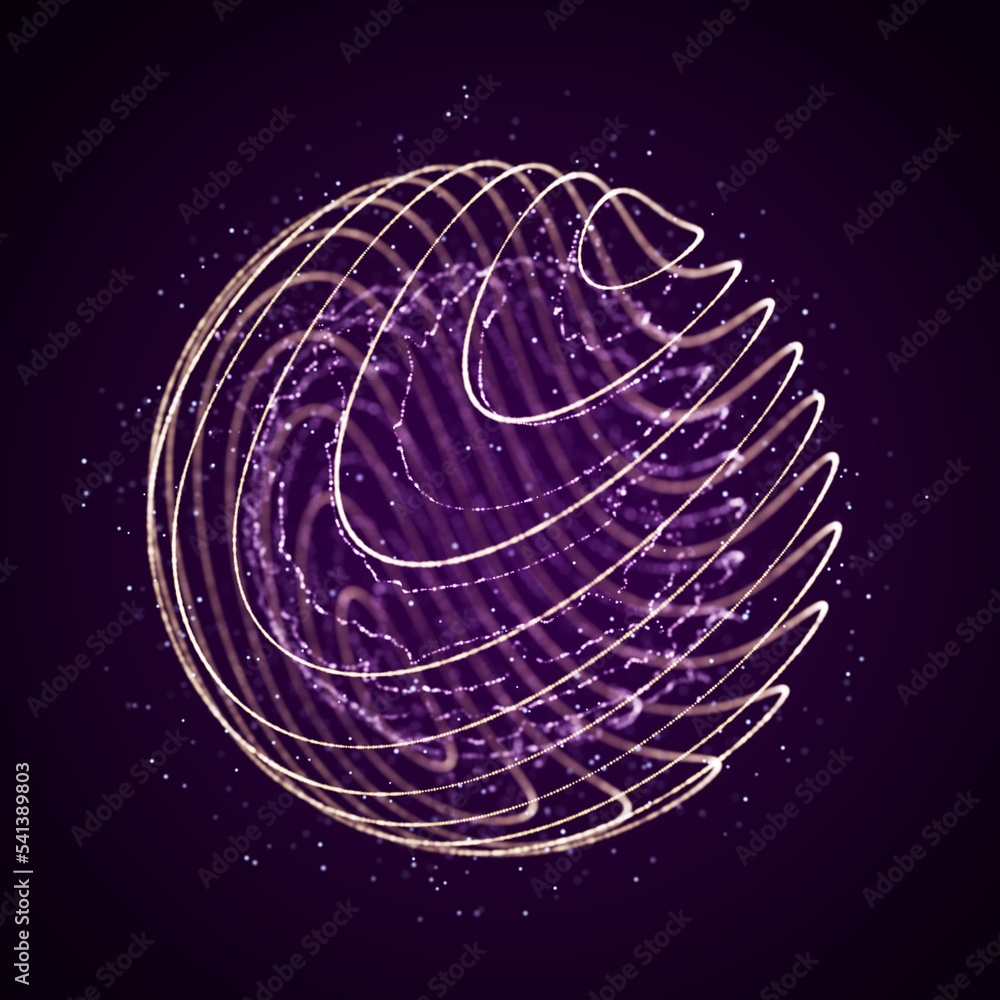 Poster Sphere with twist lines. Spherical waveform. HUD element. Network connection structure. 3D rendering.