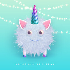 3D realistic  fluffy unicorn with gradient horn isolated on blue background. Vector illustration
