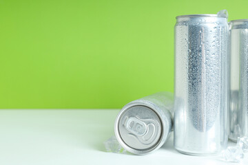 Concept of drink, blank cans, space for text
