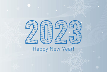 text 2023 and Happy New Year on a light blue background with snowflakes