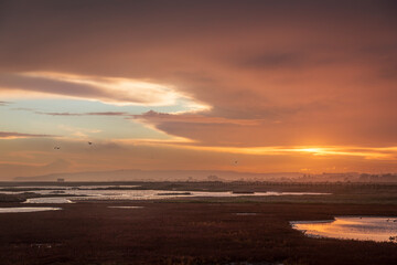 Moody stormy colourful sunset skies over Rye Harbour nature reserve on the East Sussex coast south east England