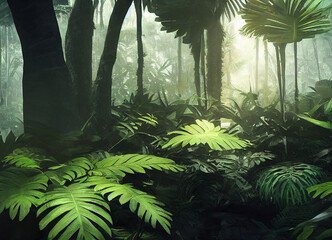 Naklejka premium Jungle scenery with beautiful trees and plants, natural green environment with amazing nature