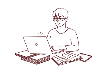 Smart young man sit on table work on laptop with textbooks. Smiling male busy study on computer at home office. Technology and education. Vector illustration.
