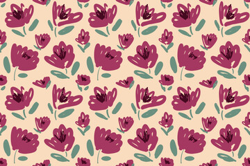 Hand drawn abstract floral pattern. Botanical seamless background design with blooming garden flowers. Vector illustration for wrapping paper, wallpaper, fabric print, interior decor