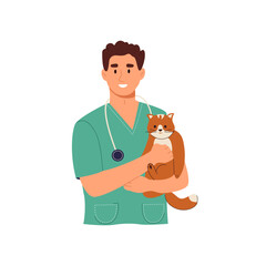 Smiling male veterinarian doctor holding a cat. Vet clinic specialist with cute pet. Medicine, veterinary, examination concept. Color flat vector illustration isolated on white background