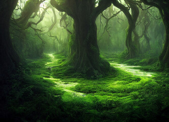 Forest scenery with beautiful trees and plants, natural green environment waith amazing nature