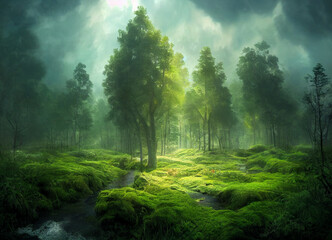Fototapeta premium Forest scenery with beautiful trees and plants, natural green environment waith amazing nature