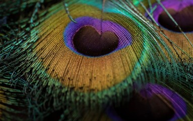 Shiny beautiful bird feather closeup, peacock feather, peafowl feather. Feather for texture, design...