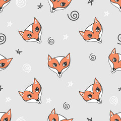 Cute fox seamless pattern. Orange red fox head on grey background, cartoon characters. Good for print, textile or fabrics, wrapping paper