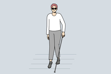 Blind man with stick walking on crosswalk. Disabled male in dark sunglasses crossing road. Disability and healthcare. Vector illustration. 