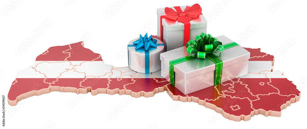 Poster gift boxes on the latvian map. christmas and new year holidays in latvia concept. 3d rendering