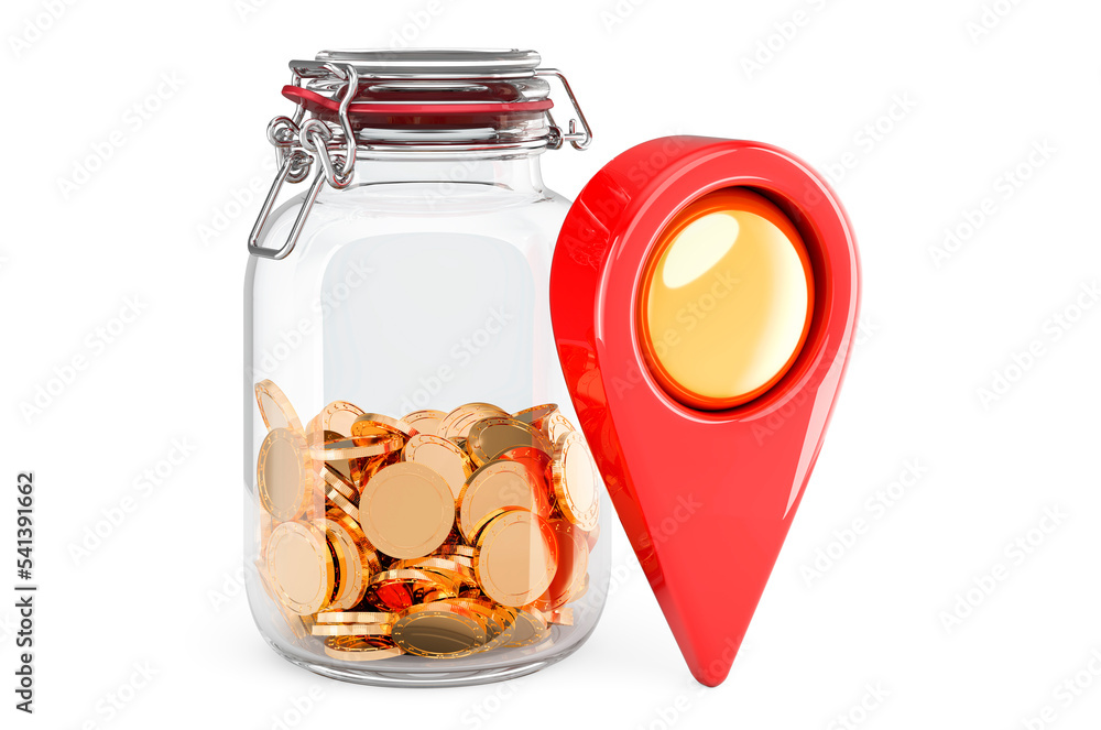 Poster glass jar with golden coins with map pointer, 3d rendering