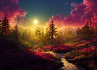 colorful sunset forest scenery with beautiful trees and plants, natural green environment with amazing nature