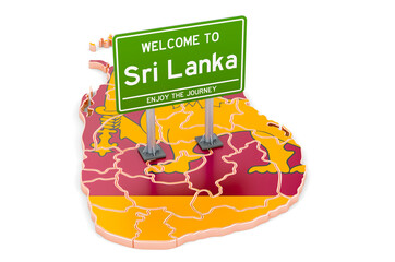 Billboard Welcome to Sri Lanka on Sri Lankan map, 3D rendering