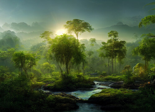 Jungle scenery with beautiful trees and plants, natural green environment with amazing nature