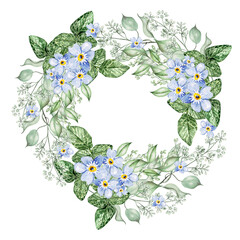 Small Blue Flowers and eucalyptus leaves. Floral wedding wreath.