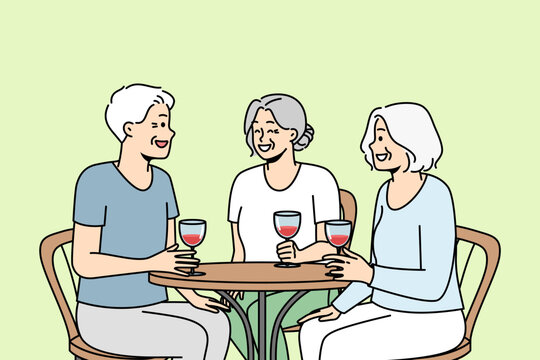 Smiling elderly people sit at table in restaurant drink wine laughing relaxing together. Joyful mature friends enjoy time in cafe. Happy maturity. Vector illustration. 