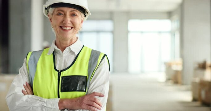 Construction, portrait and architect with a smile for building, renovation and maintenance of a house. Face of a happy, mature and construction worker with pride and arms crossed in architecture
