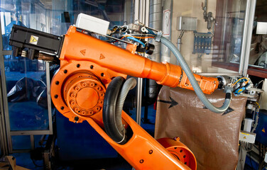 Robot arm production line, modern industrial technology, automated production cells.