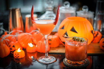 The signature Halloween drinks in Thai style decorated with red Chilli and pickled olives