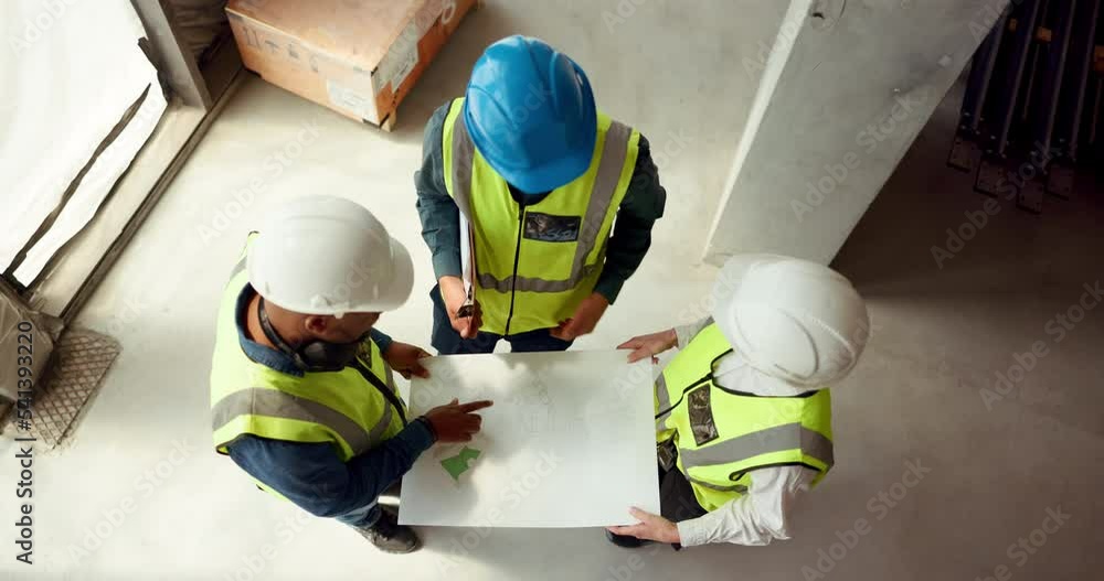 Poster Teamwork, blueprint and top view of engineering planning, collaboration and productivity in the architecture industry. Construction workers building or working on a development group project design