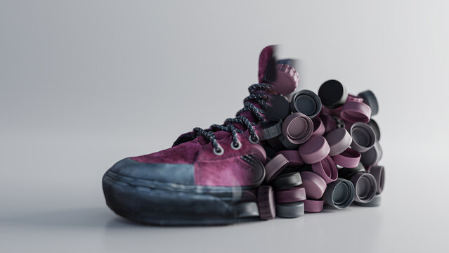 A recycled shoe from bootless caps ecology concept - an abstract cross-section of a shoe with bottle caps - 3d render