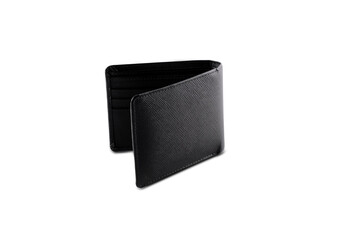 top view of new black genuine leather wallet inside isolated on white background