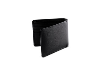 Fototapeta premium top view of new black genuine leather wallet inside isolated on white background