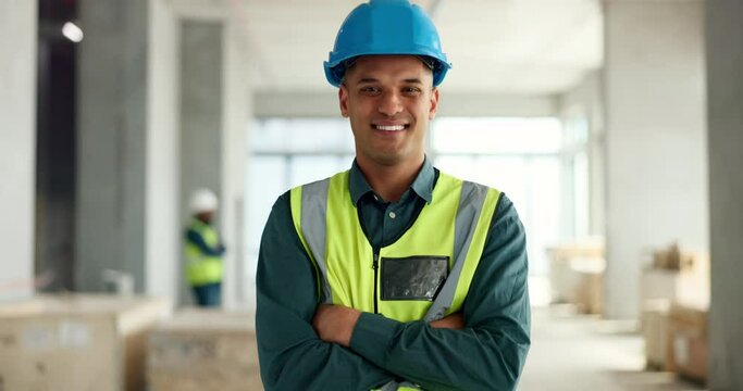 Construction, building and construction worker, man and smile in portrait, employee at construction site with work vest and safety helmet. Working, architecture industry and renovation job.