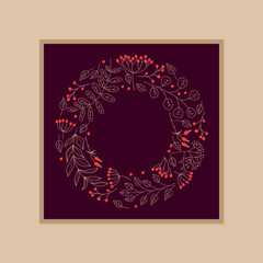 Round festive frame for greeting card with botanical elements and calligraphy lettering Merry Christmas. Winter Season poster. Flat vector card with red rowan berries and rowan leaves on dark purple