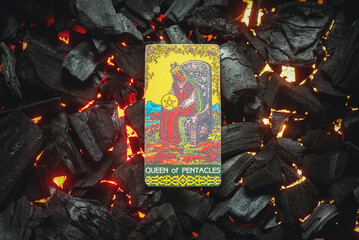 Queen of pentacles Tarot card. Moscow, Russia MAY 15, 2022