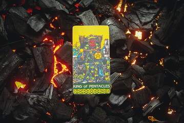 King of pentacles Tarot card. Moscow, Russia MAY 15, 2022