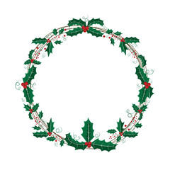 Christmas wreath for decoration, Christmas round frame with holly leaves,