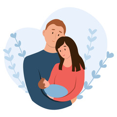 Happy new parents holding newborn baby. Young mom and dad, new born child flat vector illustration isolated. Having baby, parenthood, child care concept for banner, website design or landing web page.