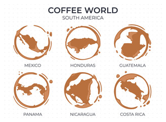 Collection of coffee cup round stains shaped like a coffee origin countries, producers and exporters from South America