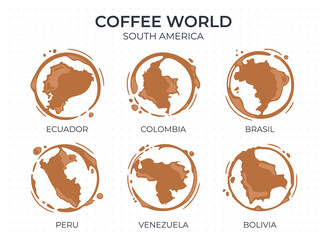 Collection of coffee cup round stains shaped like a coffee origin countries, producers and exporters from South America