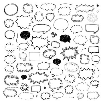 Hand drawn set of speech bubbles. Doodle style design elements depicting sound effects and emotions