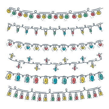 Christmas Lights Collection Handdrawn, Vector Illustration. Cute Cartoon Hand Drawn Style