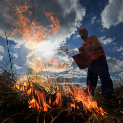Fireman ecologist fighting fire in field with cloudy sky on background. Male environmentalist...