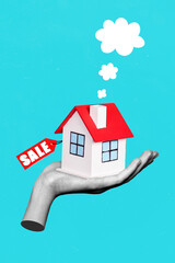 Collage photo of abstract creative hand hold mini house realtor for sell shopping new real estate offer proposition isolated on blue color background