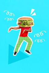Vertical collage image of overjoyed dancing person big mcdonalds burger instead head isolated on...