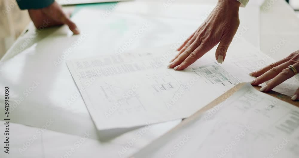 Aufkleber Hands, blueprint and architect team planning, strategy and teamwork for building, sketch drawing and paper. Engineer, hands and collaboration for architecture design and graphic illustration on table