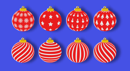 Christmas ball set. collection of paper cut elements designs with various red and white patterns.